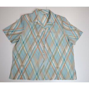 ALFRED DUNNER - LIGHT BLUE PRINT SHORT SLEEVE TEXTURED BUTTON-UP BLOUSE - 16P